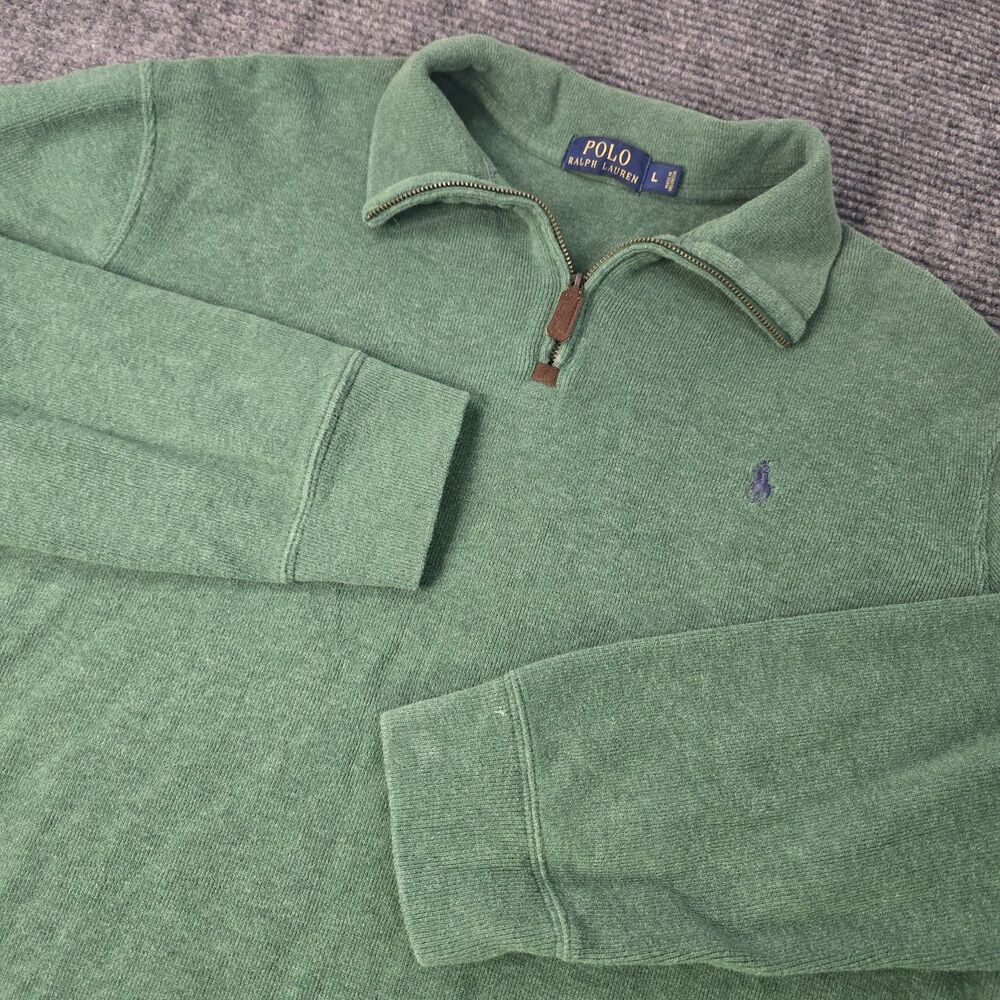 Polo Ralph Lauren Sweater Mens Large Green 1/4 Zip Mock Neck Knit Pullover Logo